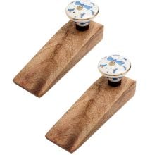 2 Pieces Blue Golden Firefly Pattern Flat Ceramic Wooden Door Stopper